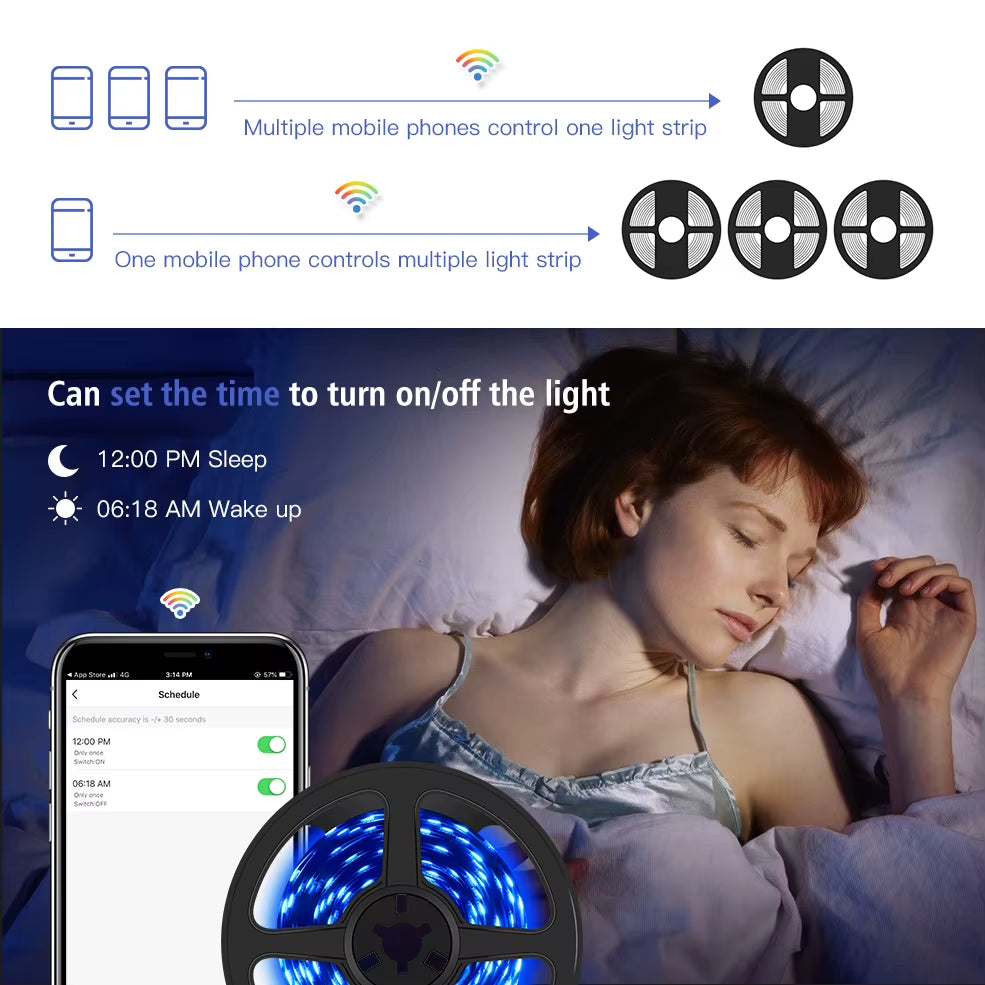 20M RGB 5050 Flexible Wifi Smart LED Strip Light - DC12V, Compatible with Alexa and Google Home Voice Control