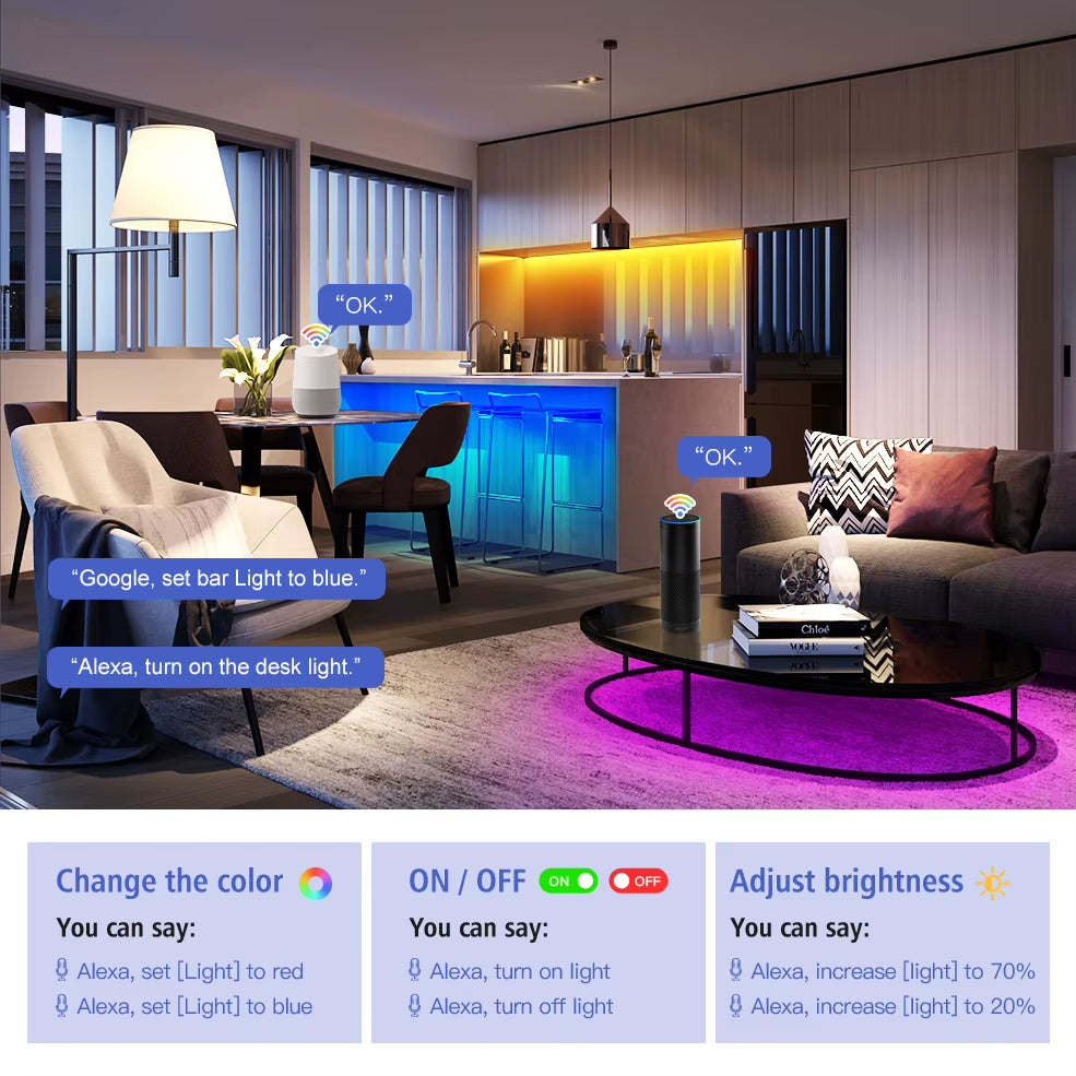 20M RGB 5050 Flexible Wifi Smart LED Strip Light - DC12V, Compatible with Alexa and Google Home Voice Control