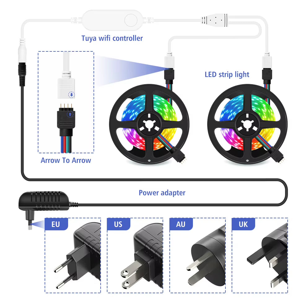 20M RGB 5050 Flexible Wifi Smart LED Strip Light - DC12V, Compatible with Alexa and Google Home Voice Control