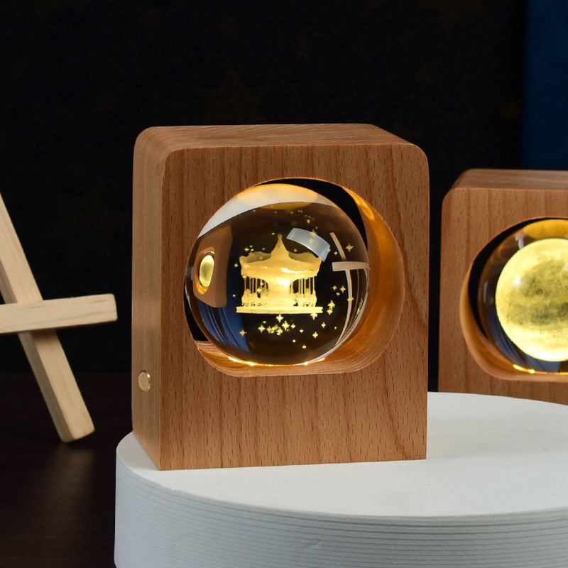 Beechwood 3D Laser Engraved Crystal Ball Night Light with Elk and Jellyfish Design, Dimmable LED USB Lamp for Bedroom Decoration and Gift Giving
